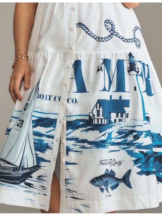 NWT Anthropologie Maeve Sleeveless Nautical Lighthouse Fish Midi Shirt Dress, XL - Picture 8 of 17